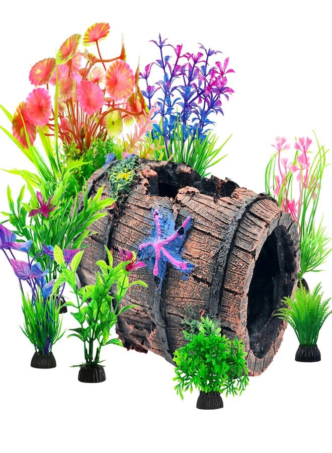 CousDUoBe Fish Broken Barrel Decor Fish Tank Decorations Betta Fish Tank Accessories,Starfish Barrel x 1pc, Aquarium Plants x 8pcs - Image 1